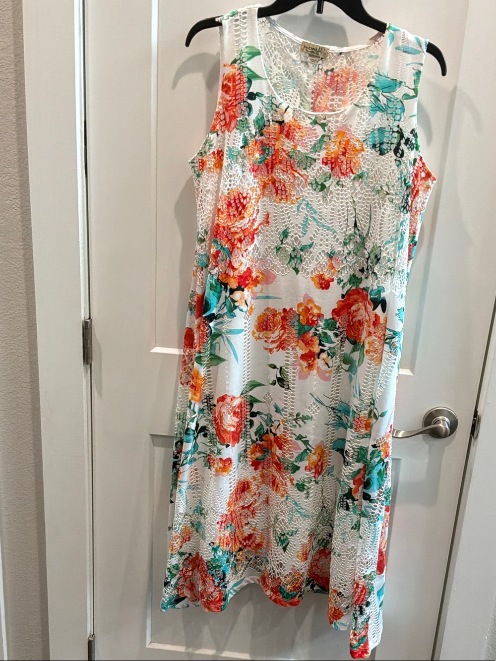 ONE WORLD White Sleeveless Floral Dress Large Orange & Teal Blooms Lined